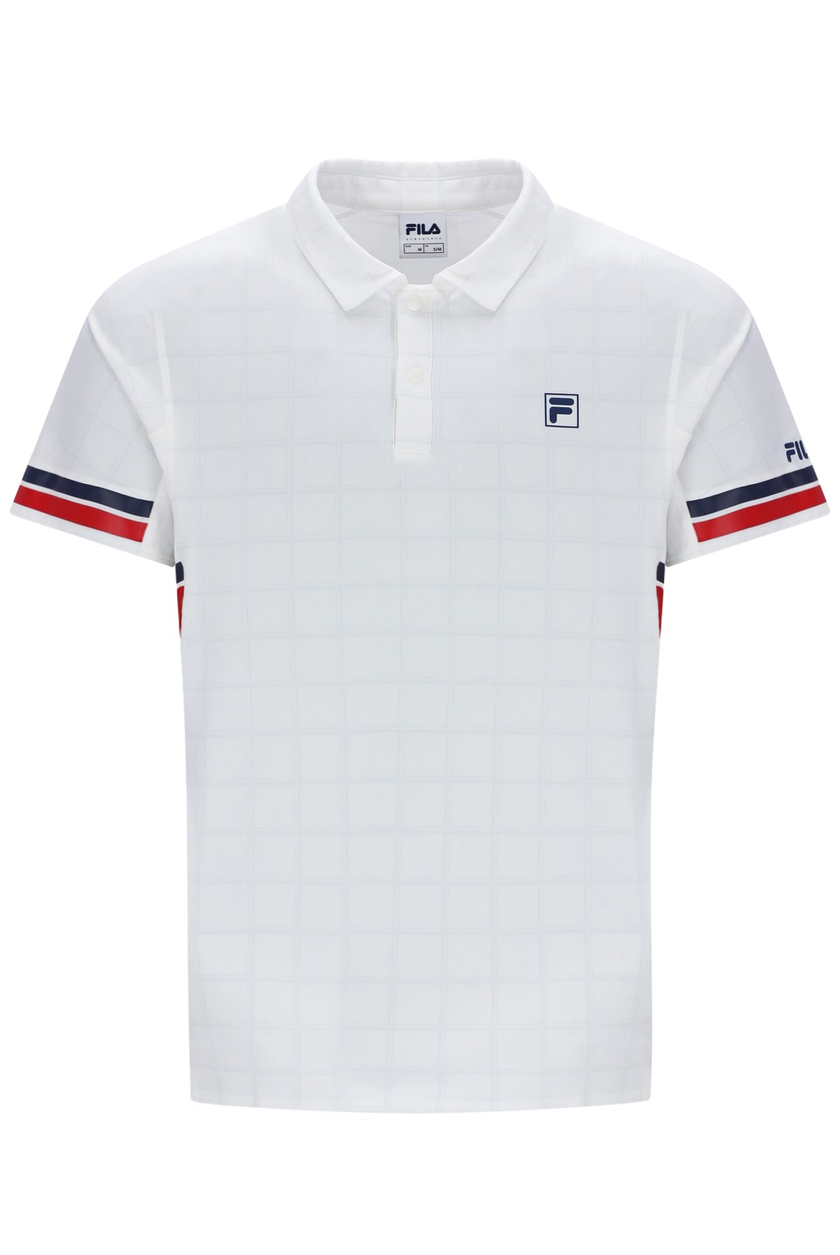 Displays the Pattern White 'FILA' Men’s Polo Tennis T-Shirt