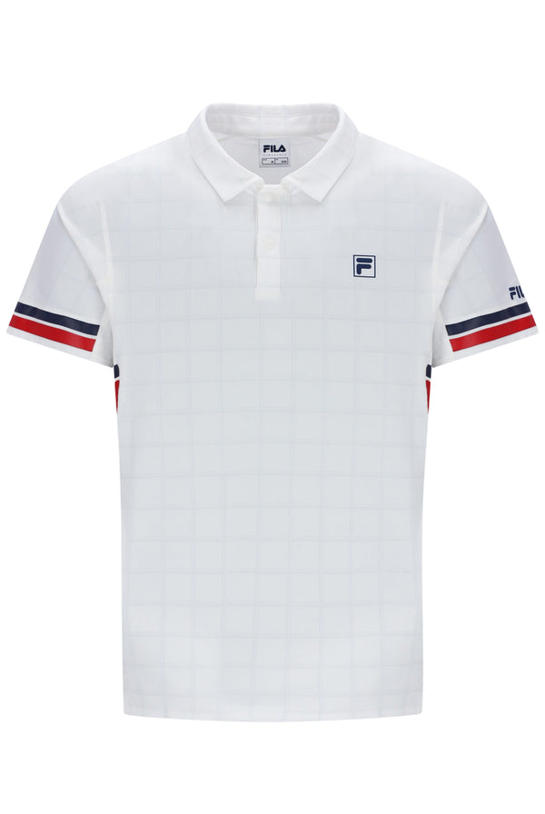 Displays the Pattern White 'FILA' Men’s Polo Tennis T-Shirt