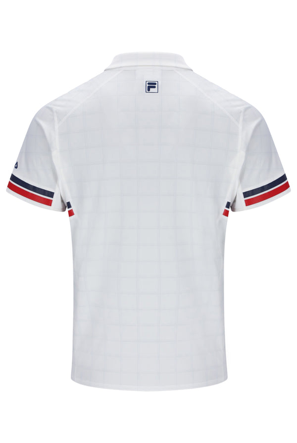 Displays the Pattern White 'FILA' Men’s Polo Tennis T-Shirt