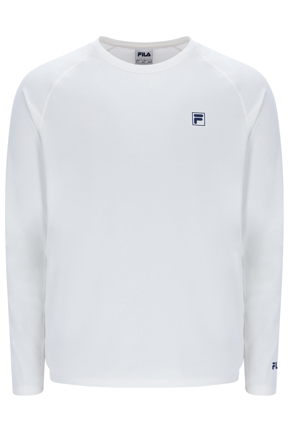 Displays the Off White 'FILA' branded Men's Long Sleeve Tennis T-Shirt