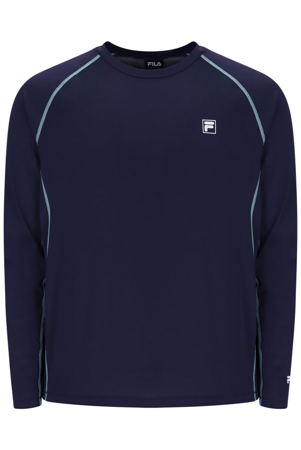 Displays the Navy 'FILA' branded Men's Long Sleeve Tennis T-Shirt