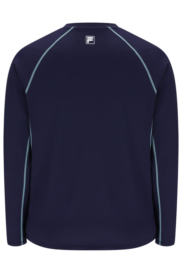 Displays the Navy 'FILA' branded Men's Long Sleeve Tennis T-Shirt