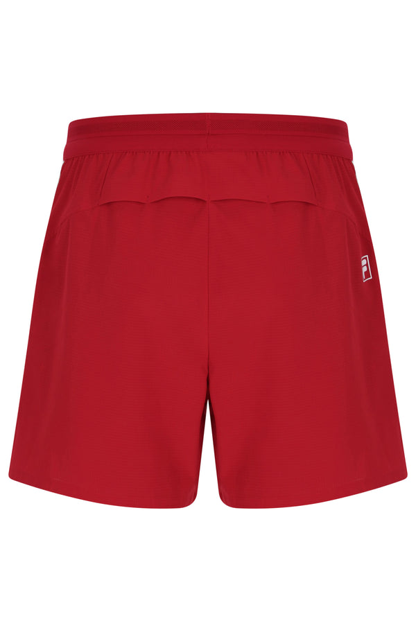 Displays the Red 'FILA' branded Men’s 5" Tennis Shorts with Inner