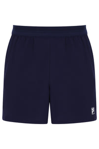 Displays the Dark Navy 'FILA' branded Men’s 5" Tennis Shorts with Inner