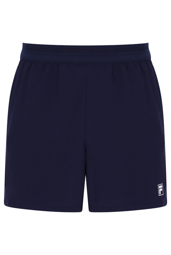 Displays the Dark Navy 'FILA' branded Men’s 5" Tennis Shorts with Inner
