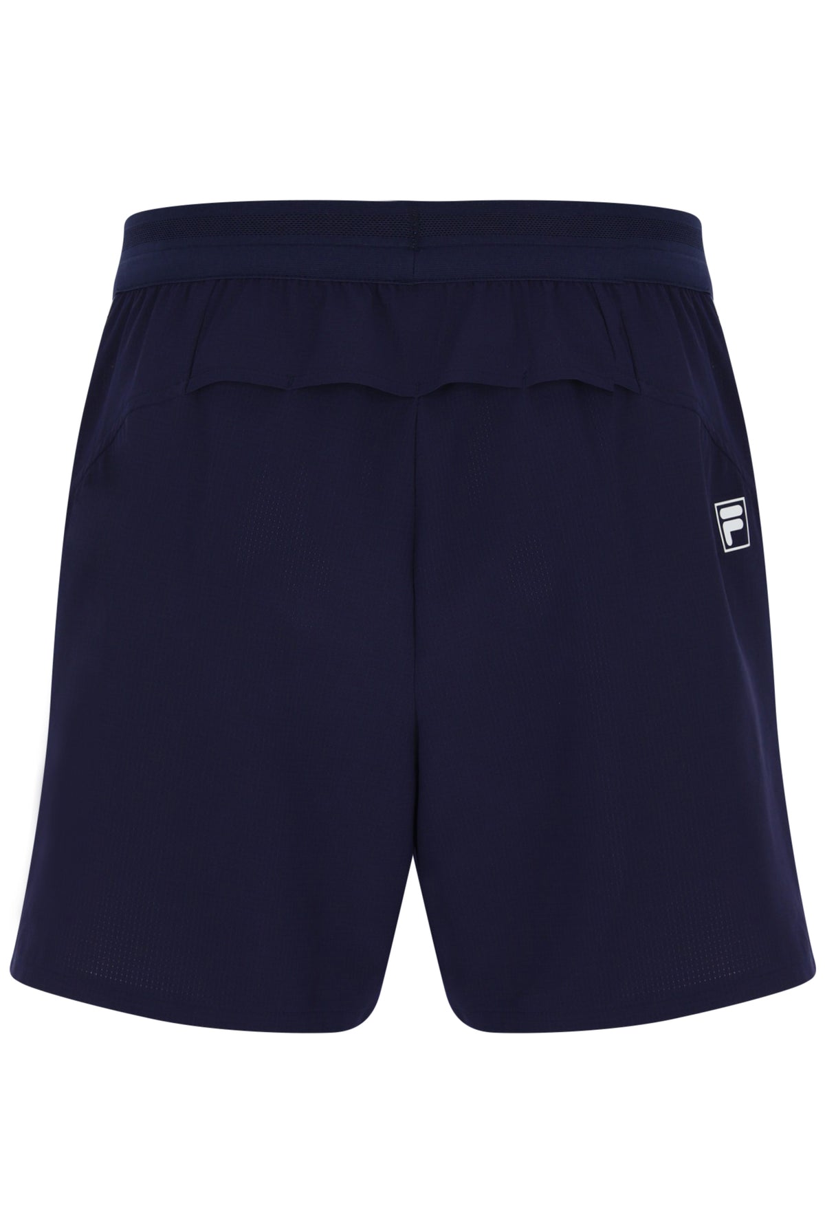 Displays the Dark Navy 'FILA' branded Men’s 5" Tennis Shorts with Inner