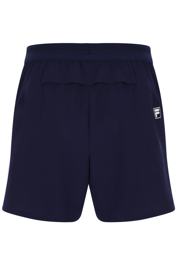 Displays the Dark Navy 'FILA' branded Men’s 5" Tennis Shorts with Inner