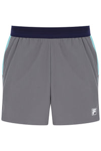 Displays the Dark Grey 'FILA' branded Men’s 5" Tennis Shorts with Inner