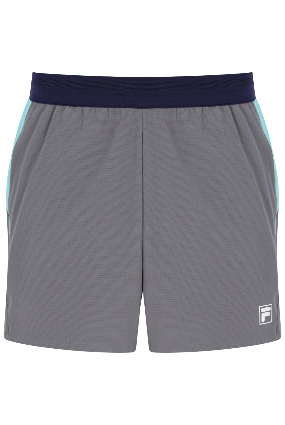 Displays the Dark Grey 'FILA' branded Men’s 5" Tennis Shorts with Inner