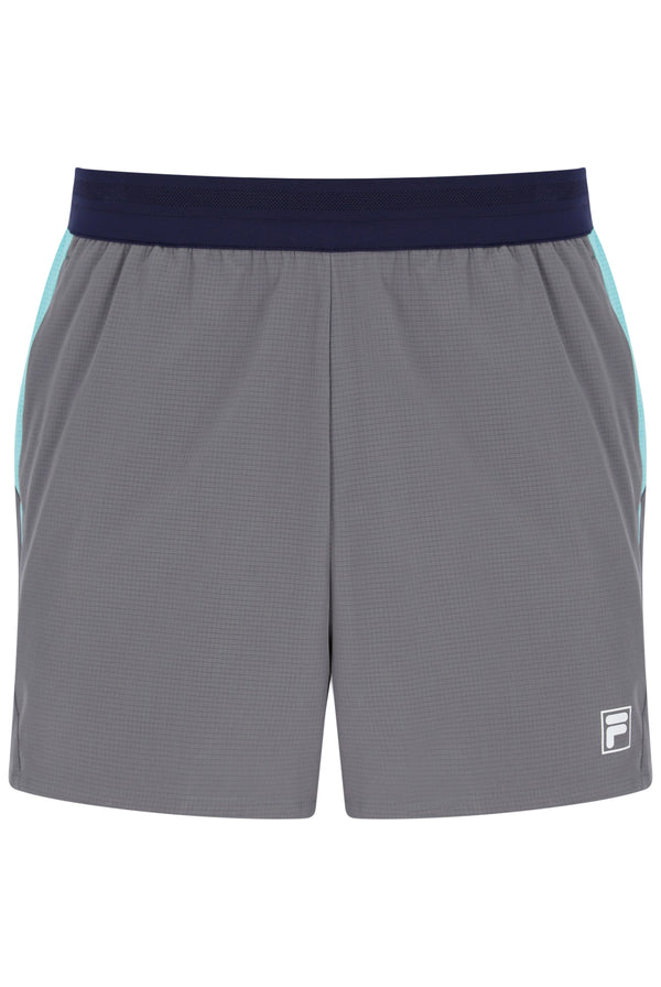 Displays the Dark Grey 'FILA' branded Men’s 5" Tennis Shorts with Inner