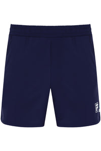 Displays the Dark Navy 'FILA' branded Men’s 5" Tennis Shorts