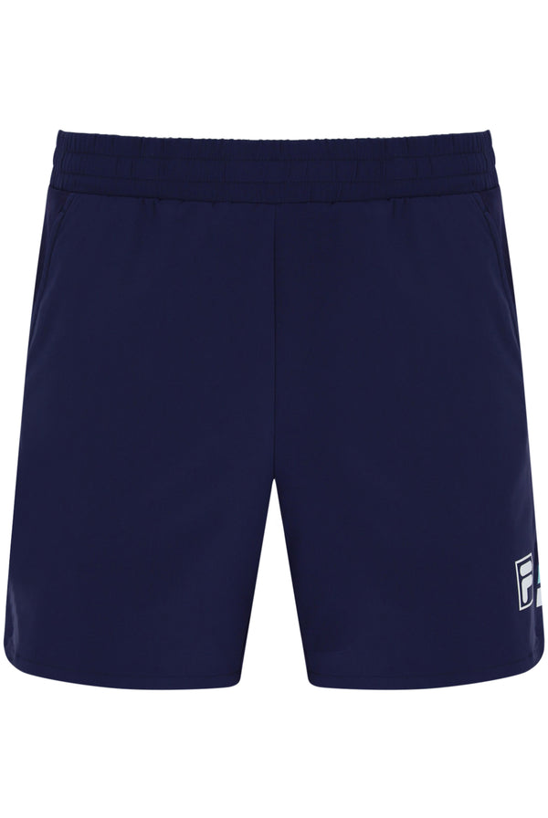 Displays the Dark Navy 'FILA' branded Men’s 5" Tennis Shorts