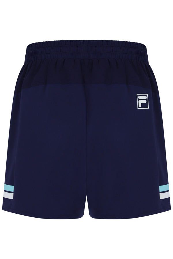 Displays the Dark Navy 'FILA' branded Men’s 5" Tennis Shorts