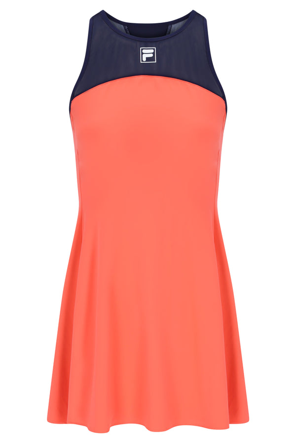 Displays the Neon Orange 'FILA' branded Women’s Jersey Dress with Inner Shorts