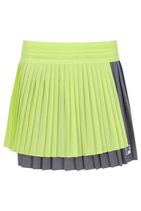 Displays a Lemon 'FILA' branded Women’s Pleated Wrap Tennis Skirt