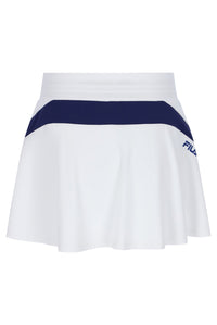 Displays the 'FILA' branded Off White Women’s Jersey Flare Tennis Skirt