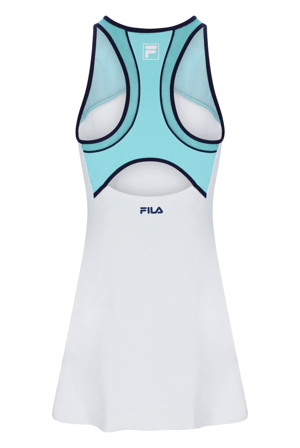 Displays the Aqua 'FILA' branded Women’s Jersey Dress with Inner Shorts