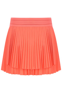 Displays the Neon Orange 'FILA' branded Women’s Pleated Wrap Tennis Skirt