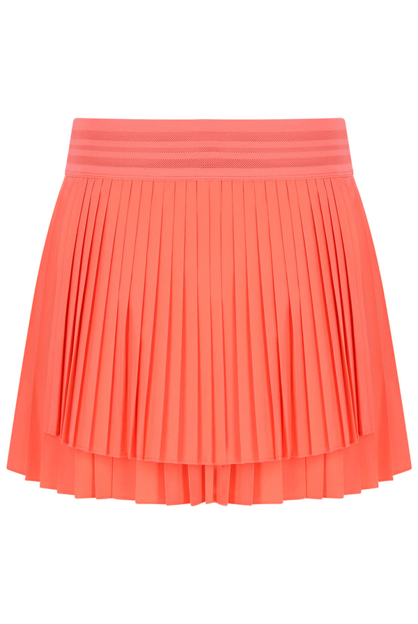 Displays the Neon Orange 'FILA' branded Women’s Pleated Wrap Tennis Skirt