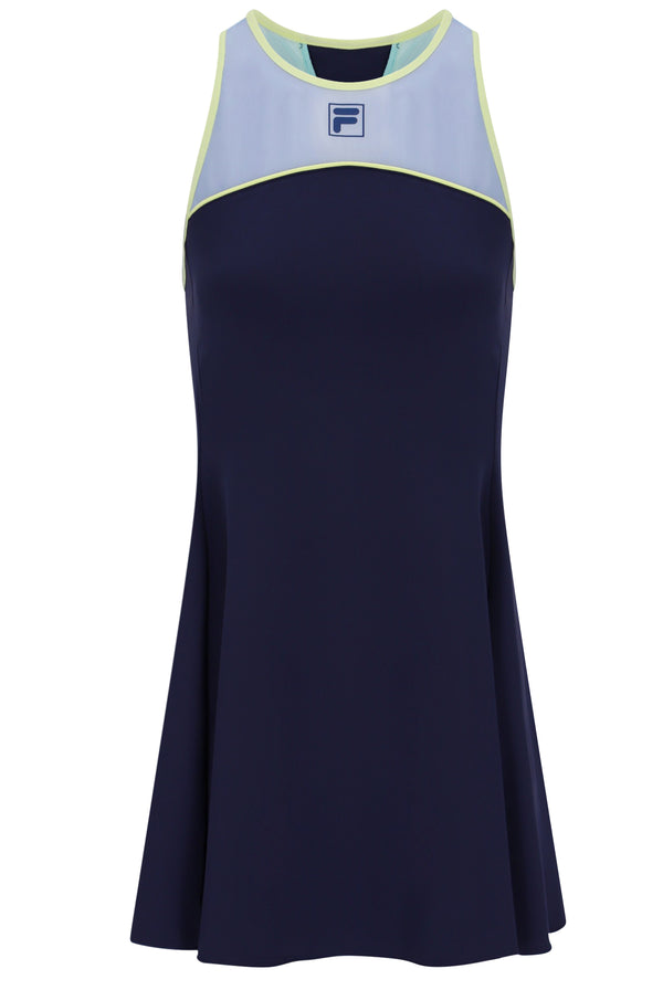 Displays the Dark Navy 'FILA' branded Women’s Jersey Dress with Inner Shorts