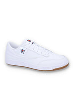 White sneaker with a brand logo on a white background