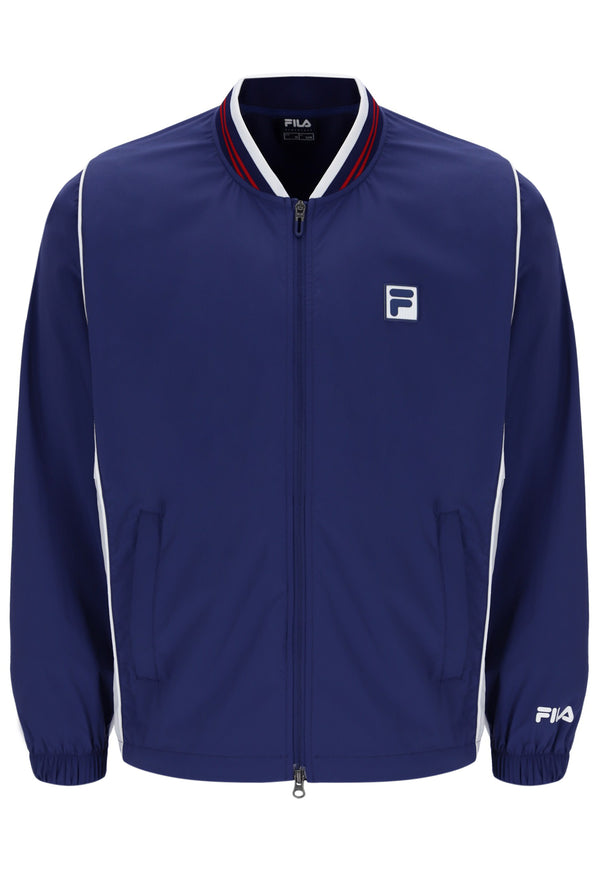 Displays the Navy 'FILA' branded Unisex Tennis Warm-Up Jacket