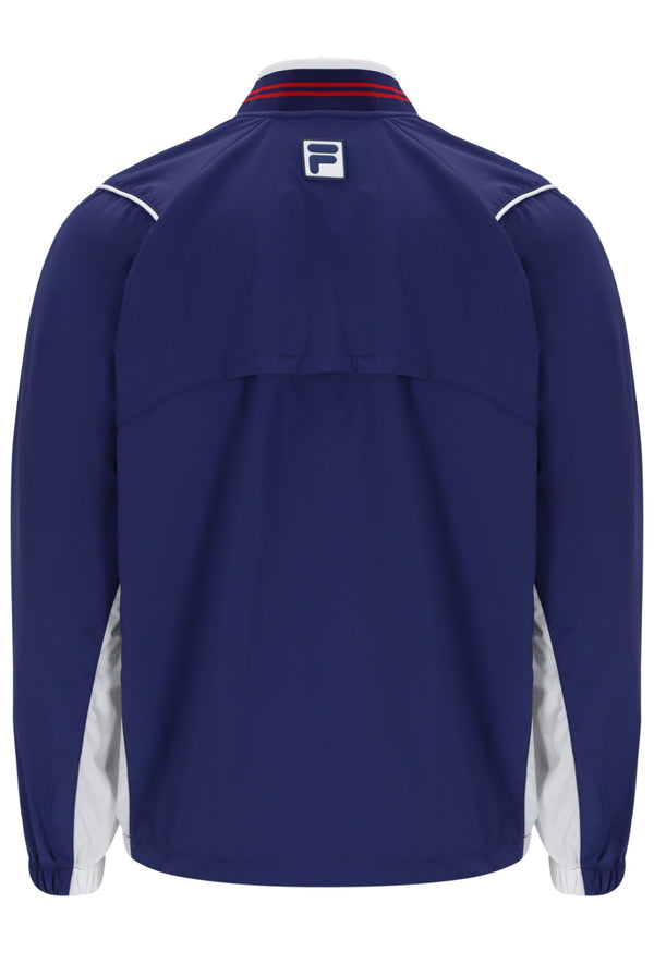 Displays the Navy 'FILA' branded Unisex Tennis Warm-Up Jacket