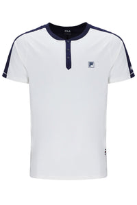 Displays the Off White 'Fila' branded Men’s Henry Neck Tennis T-Shirt