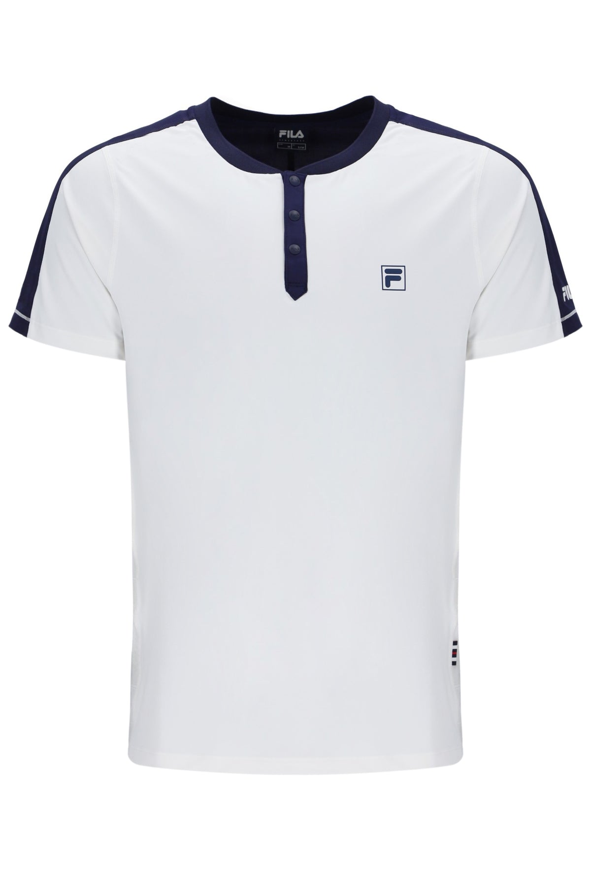 Displays the Off White 'Fila' branded Men’s Henry Neck Tennis T-Shirt