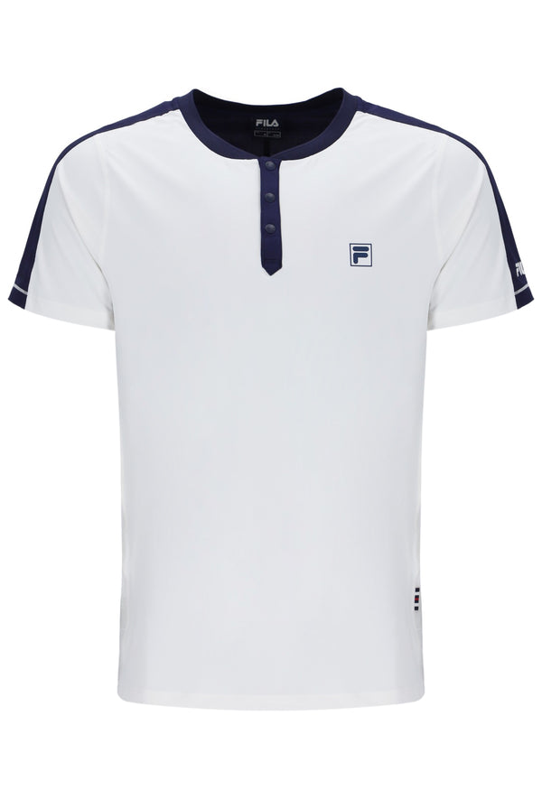 Displays the Off White 'Fila' branded Men’s Henry Neck Tennis T-Shirt