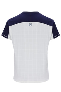 Displays the Off White 'Fila' branded Men’s Henry Neck Tennis T-Shirt
