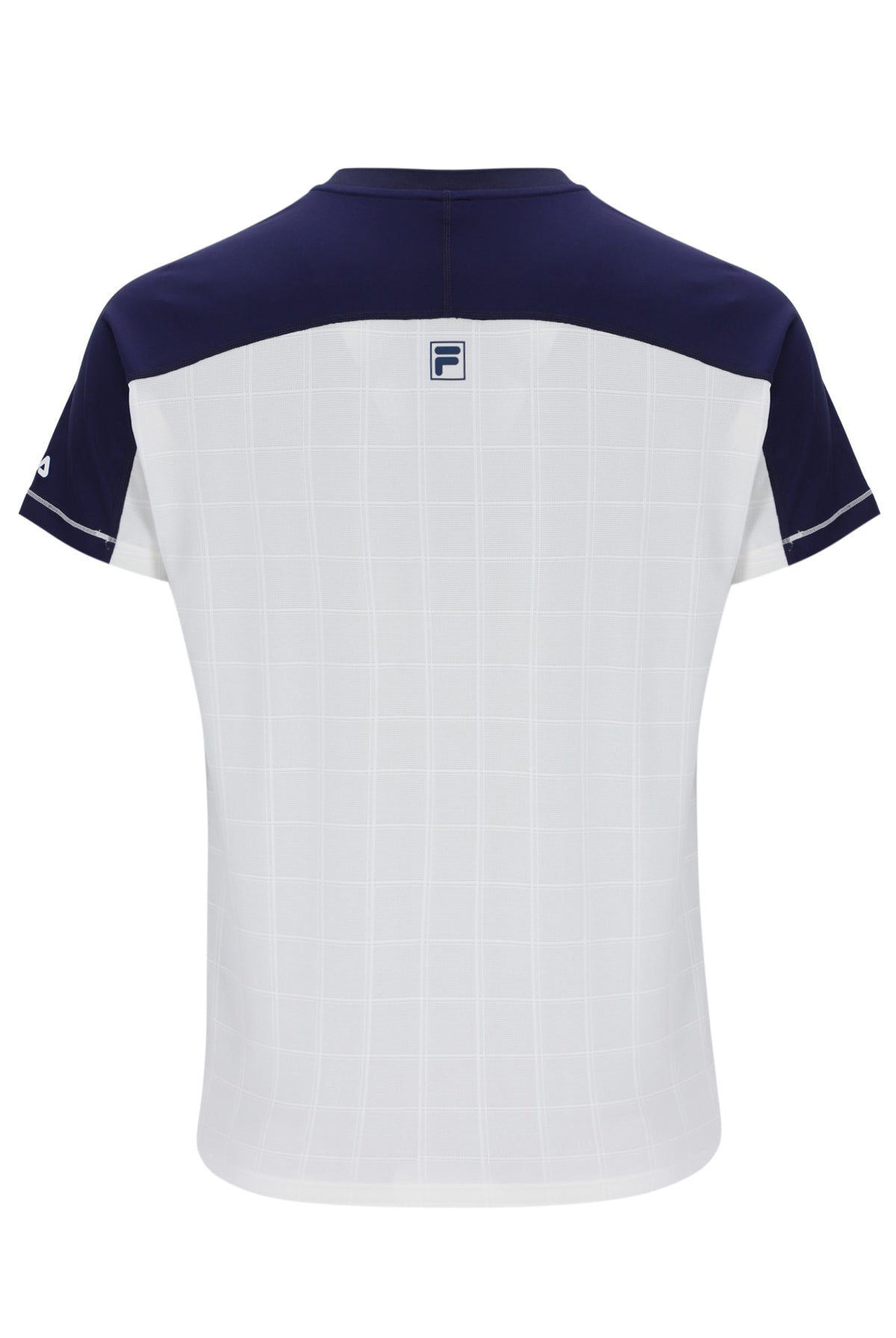 Displays the Off White 'Fila' branded Men’s Henry Neck Tennis T-Shirt