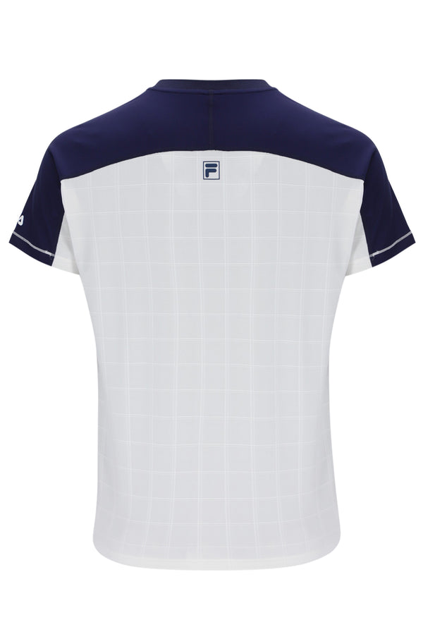 Displays the Off White 'Fila' branded Men’s Henry Neck Tennis T-Shirt