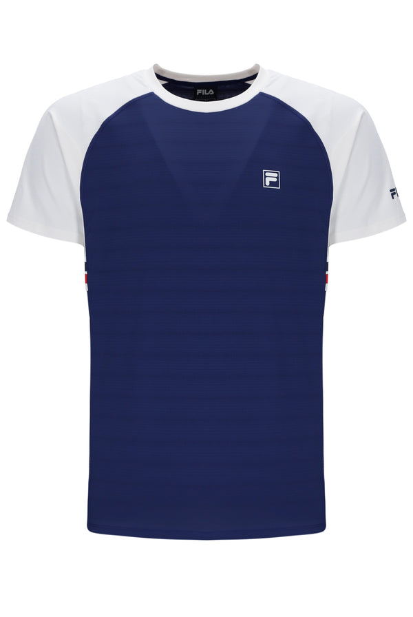 Displays the Navy 'FILA' branded Unisex Round Neck Tennis T-Shirt