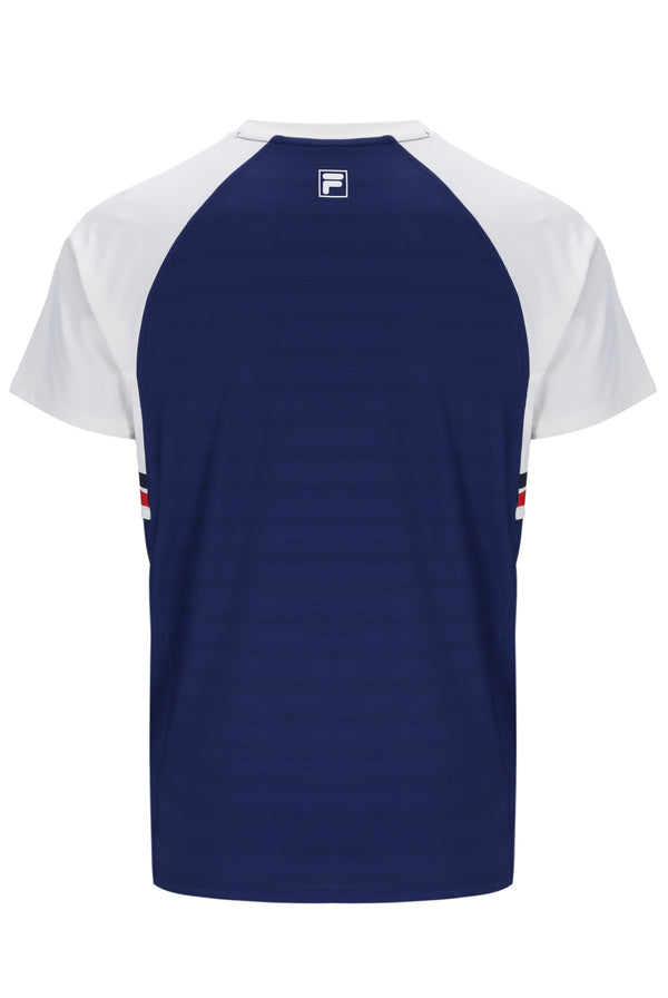 Displays the Navy 'FILA' branded Unisex Round Neck Tennis T-Shirt
