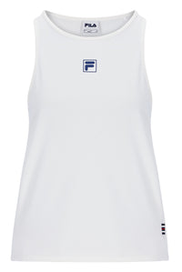 Displays the Off White 'FILA' branded Women’s Sleeveless Tennis Top