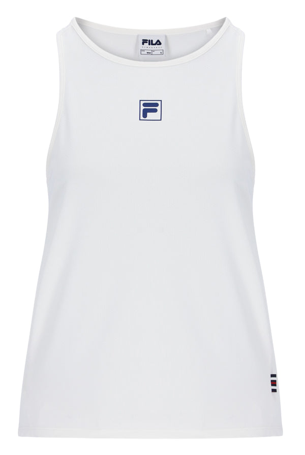Displays the Off White 'FILA' branded Women’s Sleeveless Tennis Top