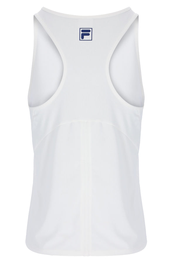 Displays the Off White 'FILA' branded Women’s Sleeveless Tennis Top