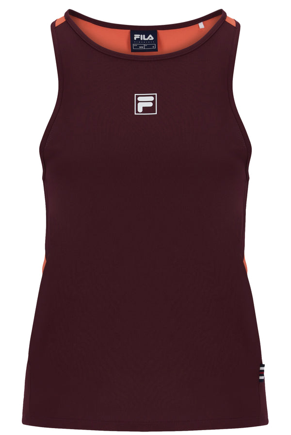 Displays the Wine 'FILA' branded Women’s Sleeveless Tennis Top