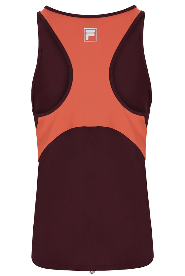 Displays the Wine 'FILA' branded Women’s Sleeveless Tennis Top