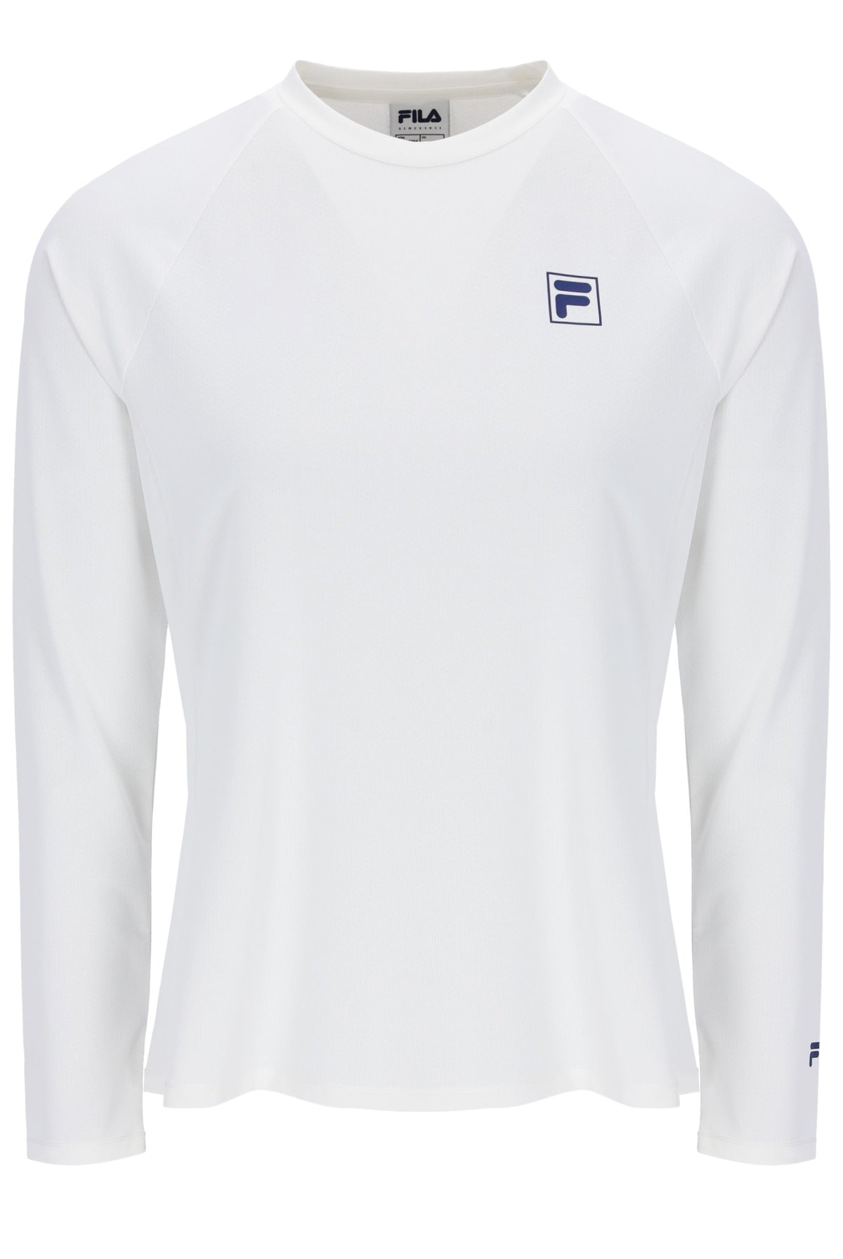 Displays the Off White 'FILA' branded Women’s Long Sleeve Tennis T-Shirt
