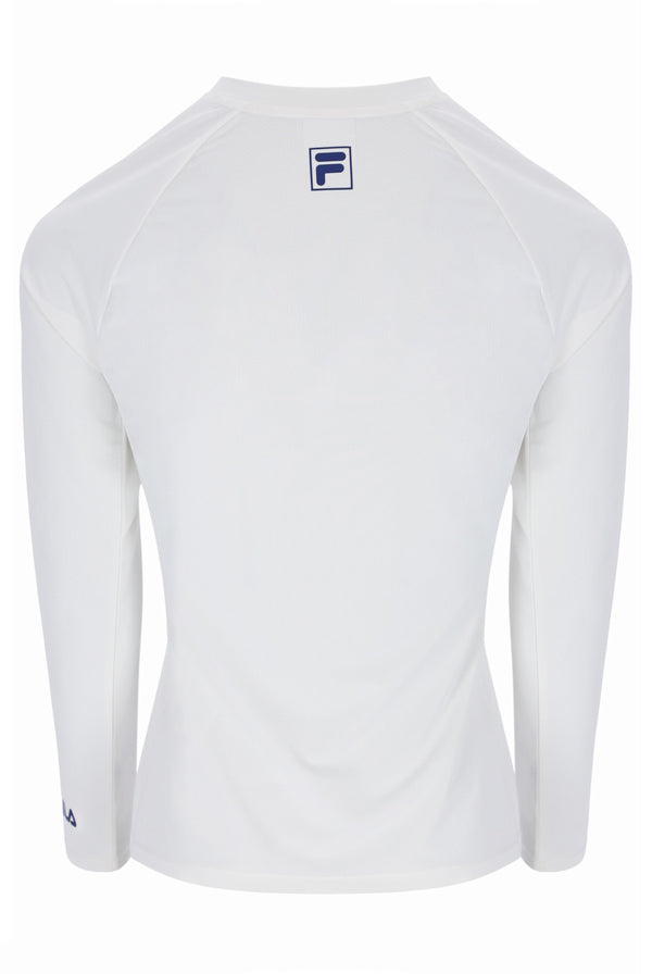 Displays the Off White 'FILA' branded Women’s Long Sleeve Tennis T-Shirt
