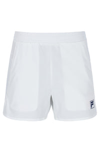Displays the Off White 'FILA' branded Men’s 5" Tennis Shorts