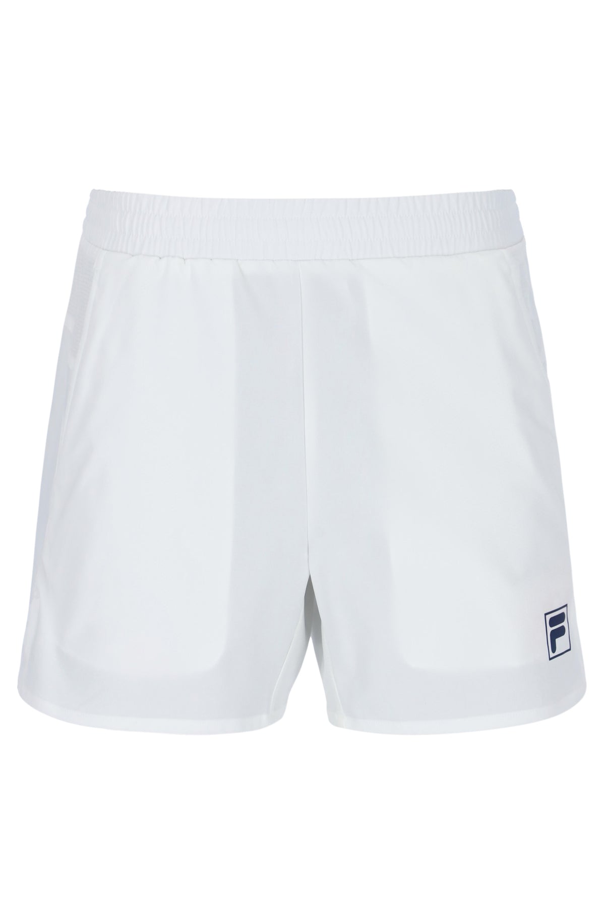 Displays the Off White 'FILA' branded Men’s 5" Tennis Shorts