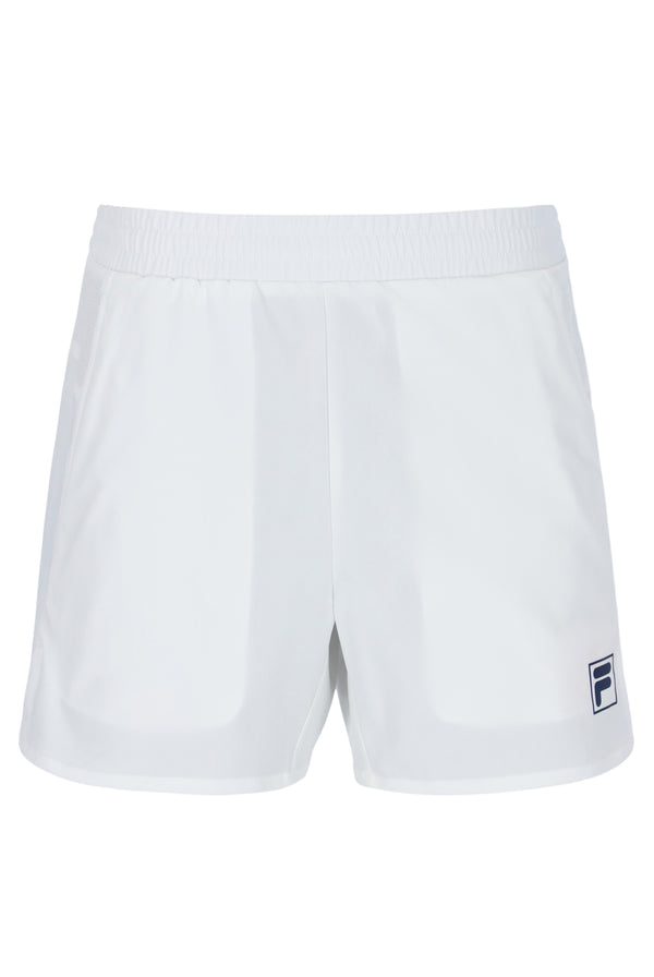 Displays the Off White 'FILA' branded Men’s 5" Tennis Shorts