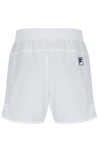 Displays the Off White 'FILA' branded Men’s 5" Tennis Shorts