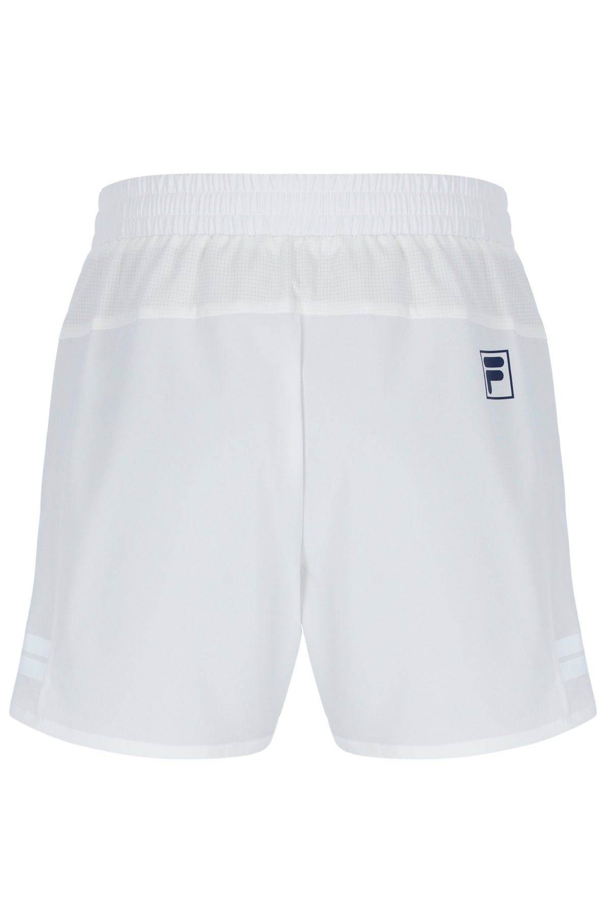 Displays the Off White 'FILA' branded Men’s 5" Tennis Shorts