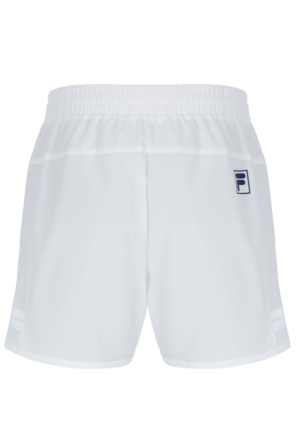 Displays the Off White 'FILA' branded Men’s 5" Tennis Shorts