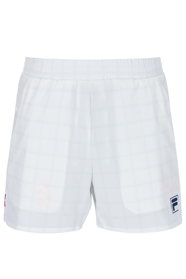 Displays the Pattern White 'FILA' branded Men’s 5" Tennis Shorts