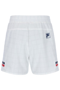 Displays the Pattern White 'FILA' branded Men’s 5" Tennis Shorts
